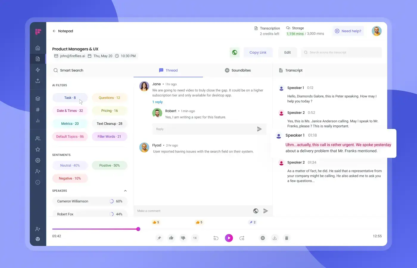 Fireflies meeting workspace with AI summary, transcript, speakers, and playback controls