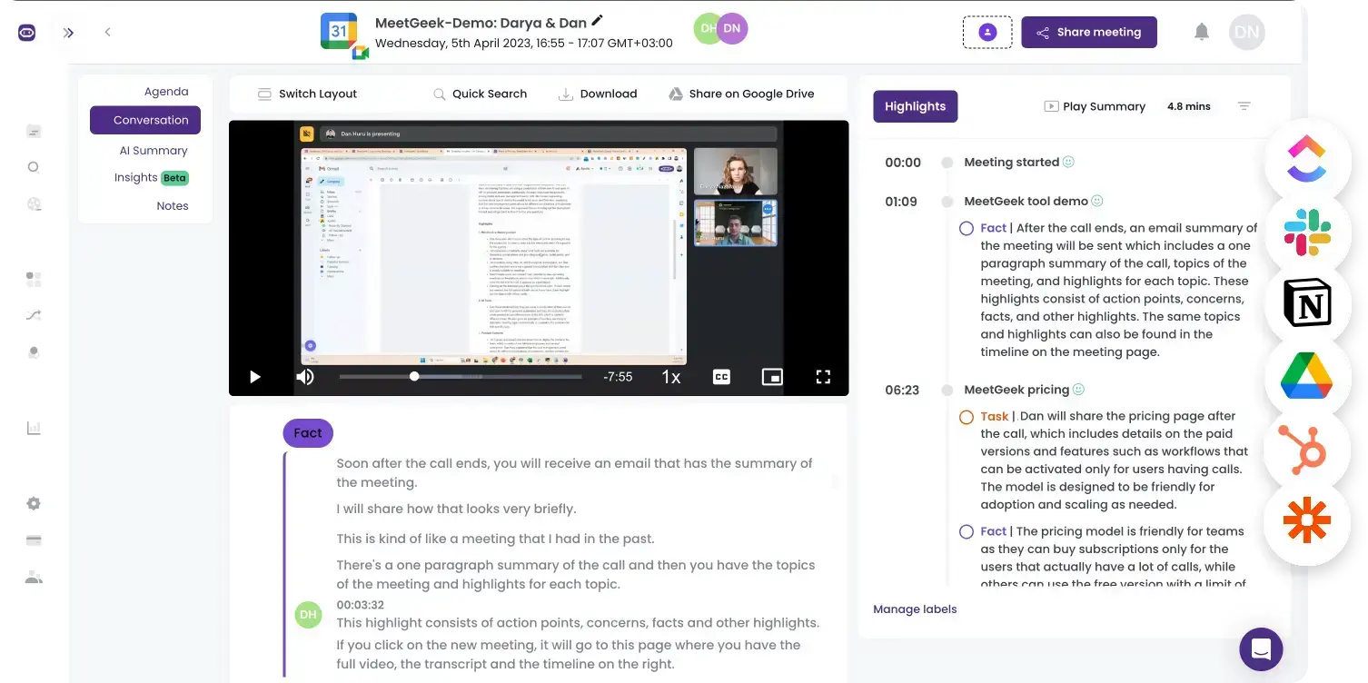 MeetGeek enterprise meeting workspace with transcript, playback, and AI insights