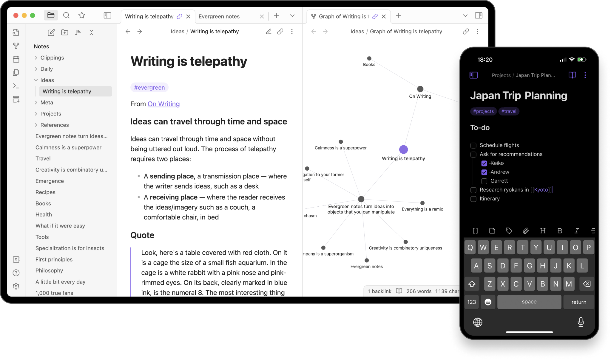 Obsidian graph and Markdown note shown on desktop and mobile