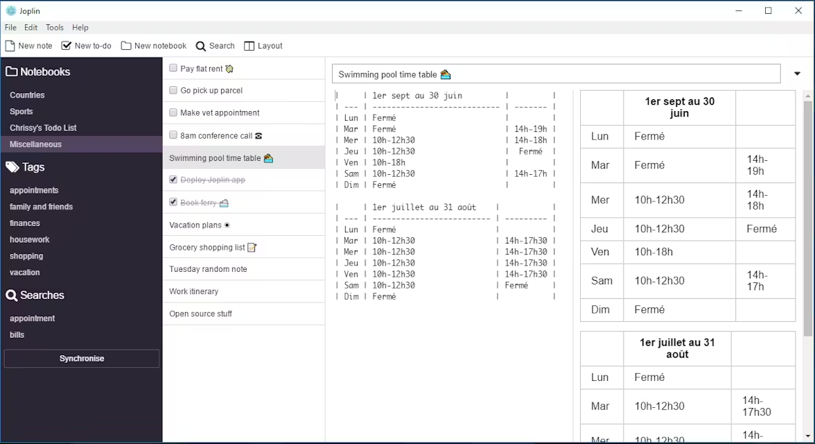 Joplin desktop workspace with notebooks, tags, Markdown source, and rendered preview