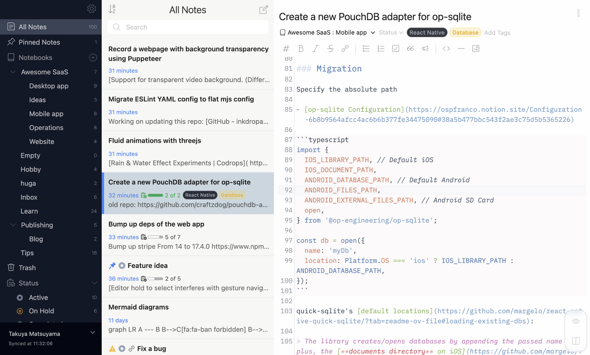 Inkdrop notebook with note list, Markdown editor, and developer code snippets